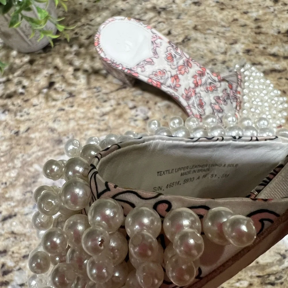 Tory Burch TATIANA Beaded PEARL Slide Sandals Hicks Garden Satin Shoes 5M